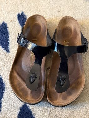 Black Birkenstock Patent Thong Sandals - Cork Footbed | Size 39